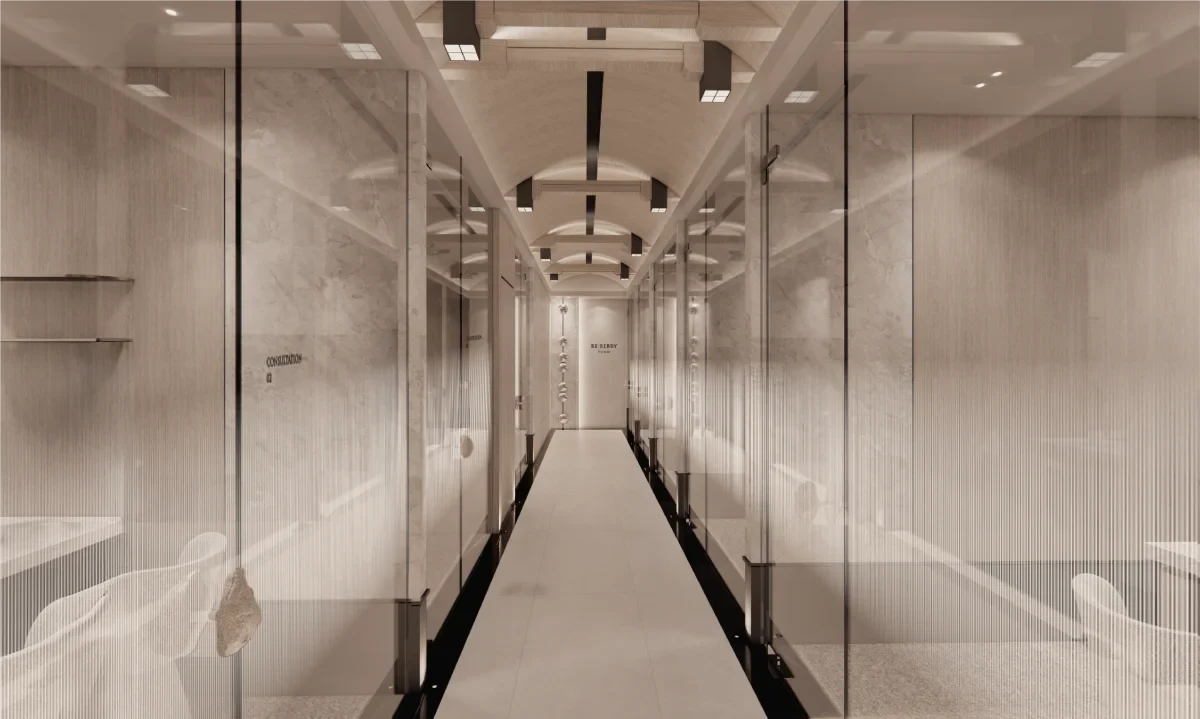 RE:BERRY Gangnam Aesthetic Clinic luxury interior — waterfall art installation and contemporary lobby with marble accents in Seocho-gu Seoul