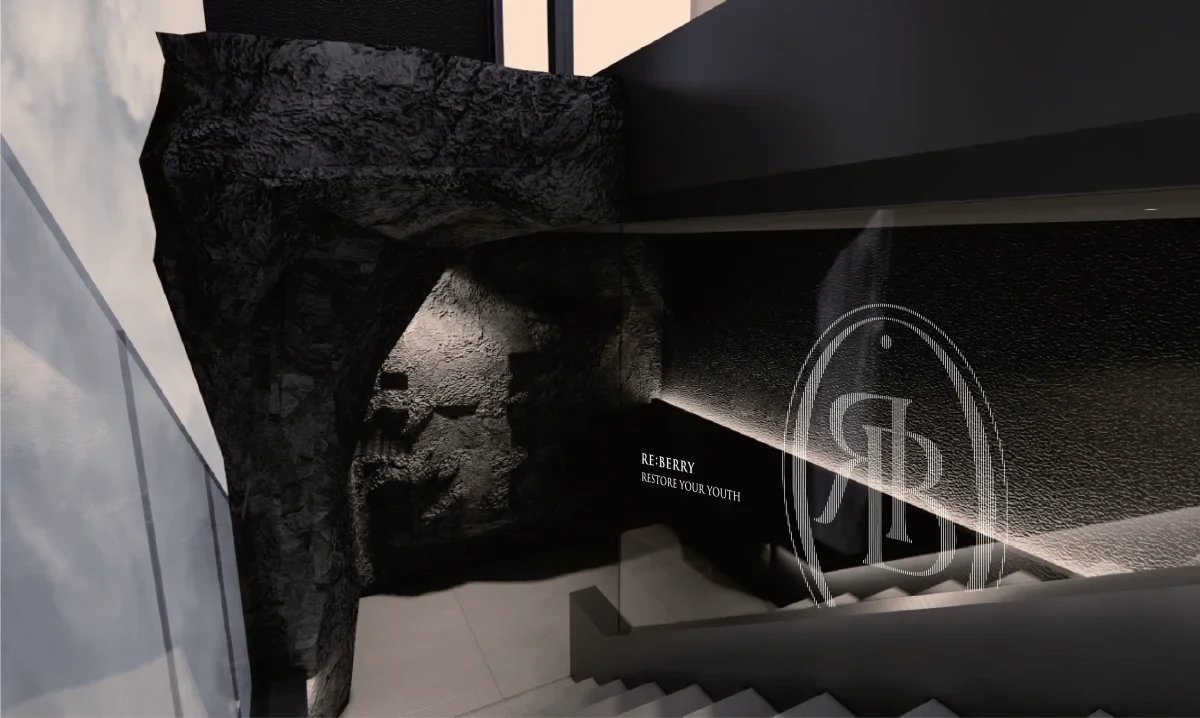 RE:BERRY Gangnam Aesthetic Clinic light tunnel entrance with RB monogram — LED-lit corridor luxury dermatology Seoul