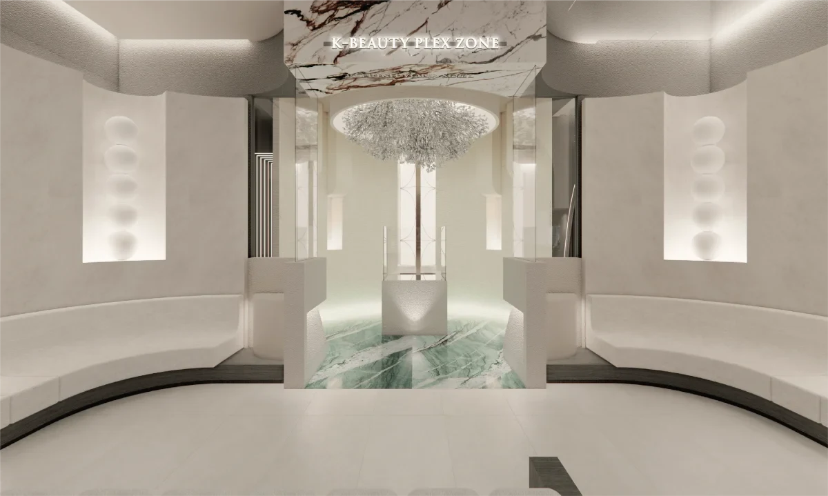 K-Beauty Plex Zone at RE:BERRY Gangnam Aesthetic Clinic — marble chandelier and emerald floor luxury aesthetics