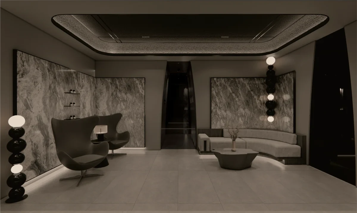 VVIP private treatment suite at RE:BERRY Gangnam Aesthetic Clinic — marble walls, starlight ceiling, luxury dermatology room Seoul
