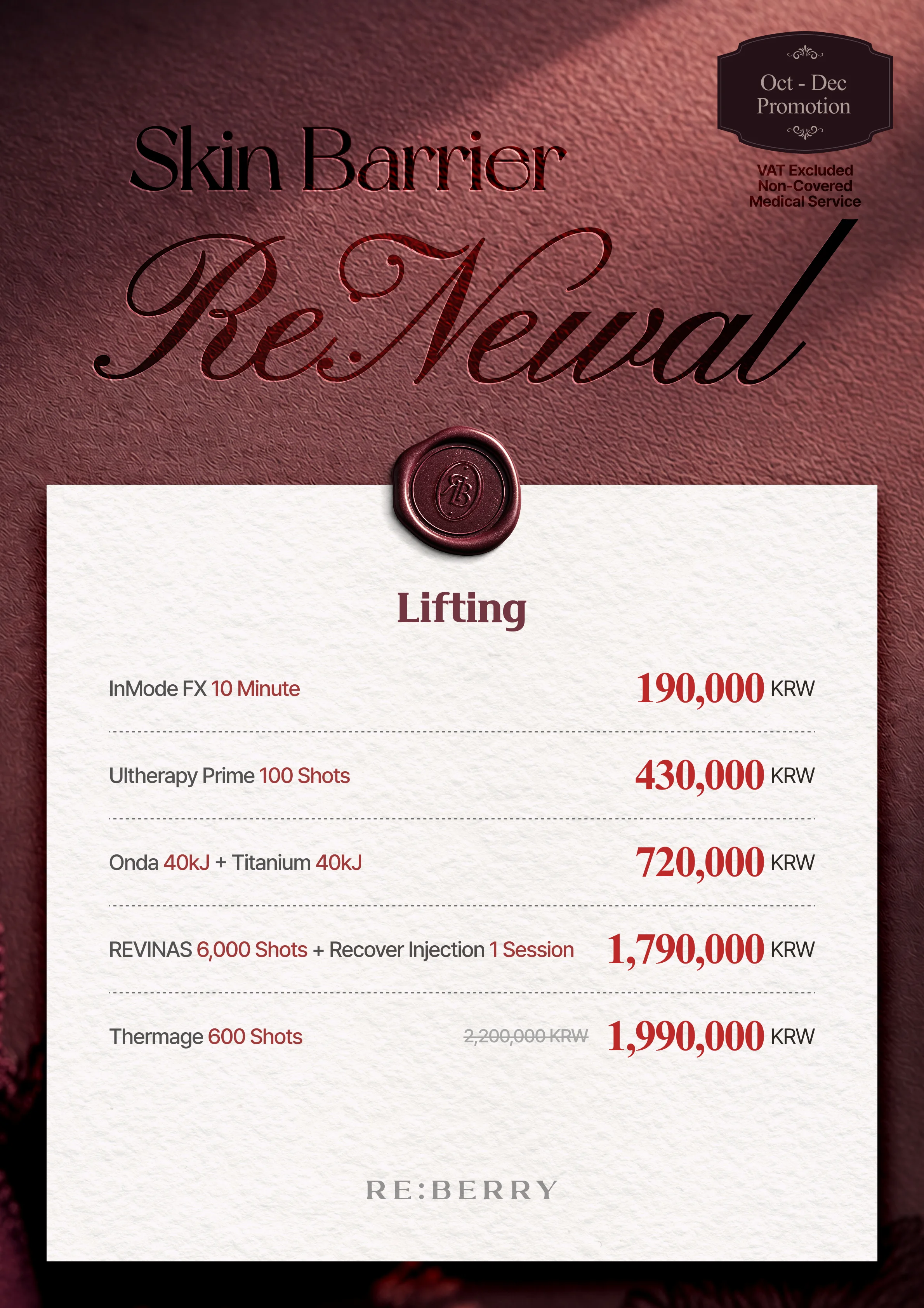 RE:BERRY Gangnam Page 12 — Lifting: InMode FX 10 Minute ₩190,000 · Ultherapy Prime 100 Shots ₩430,000 · Onda 40kJ + Titanium 40kJ ₩720,000 · REVINAS 6,000 Shots + Recover Injection 1 Session ₩1,790,000 · Thermage 600 Shots regular ₩2,200,000, now ₩1,990,000 · VAT excluded