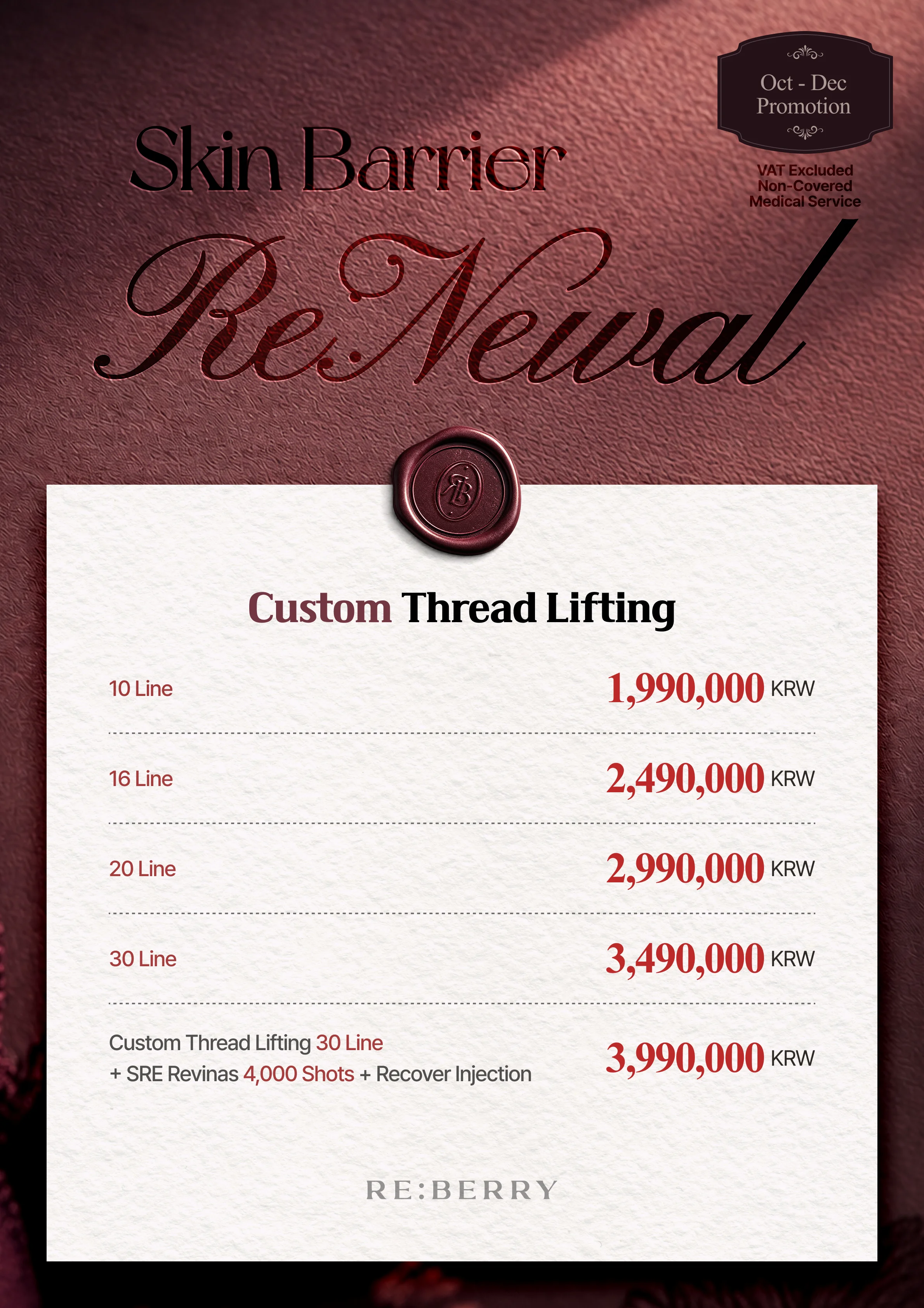 RE:BERRY Gangnam Page 14 — Custom Thread Lifting: 10 Line ₩1,990,000 · 16 Line ₩2,490,000 · 20 Line ₩2,990,000 · 30 Line ₩3,490,000 · Custom Thread Lifting 30 Line + SRE Revinas 4,000 Shots + Recover Injection ₩3,990,000 · VAT excluded