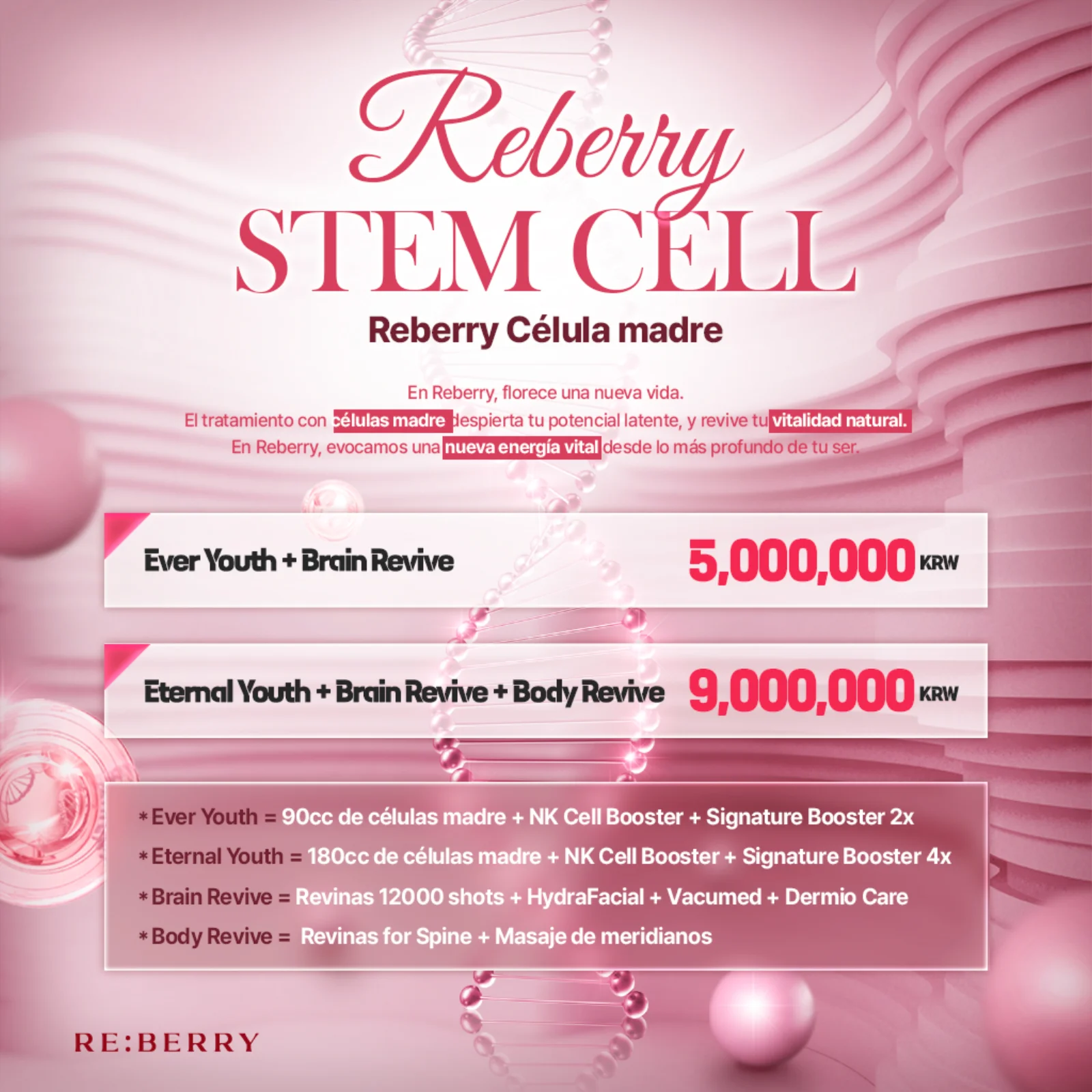 RE:BERRY Gangnam Promoción Células Madre Reberry — Ever Youth + Brain Revive ₩5.000.000 · Eternal Youth + Brain Revive + Body Revive ₩9.000.000. Ever Youth = 90cc de células madre + NK Cell Booster + Signature Booster ×2 · Eternal Youth = 180cc de células madre + NK Cell Booster + Signature Booster ×4 · Brain Revive = Revinas 12.000 disparos + HydraFacial + Vacumed + Dermio Care · Body Revive = Revinas para columna + masaje de meridianos