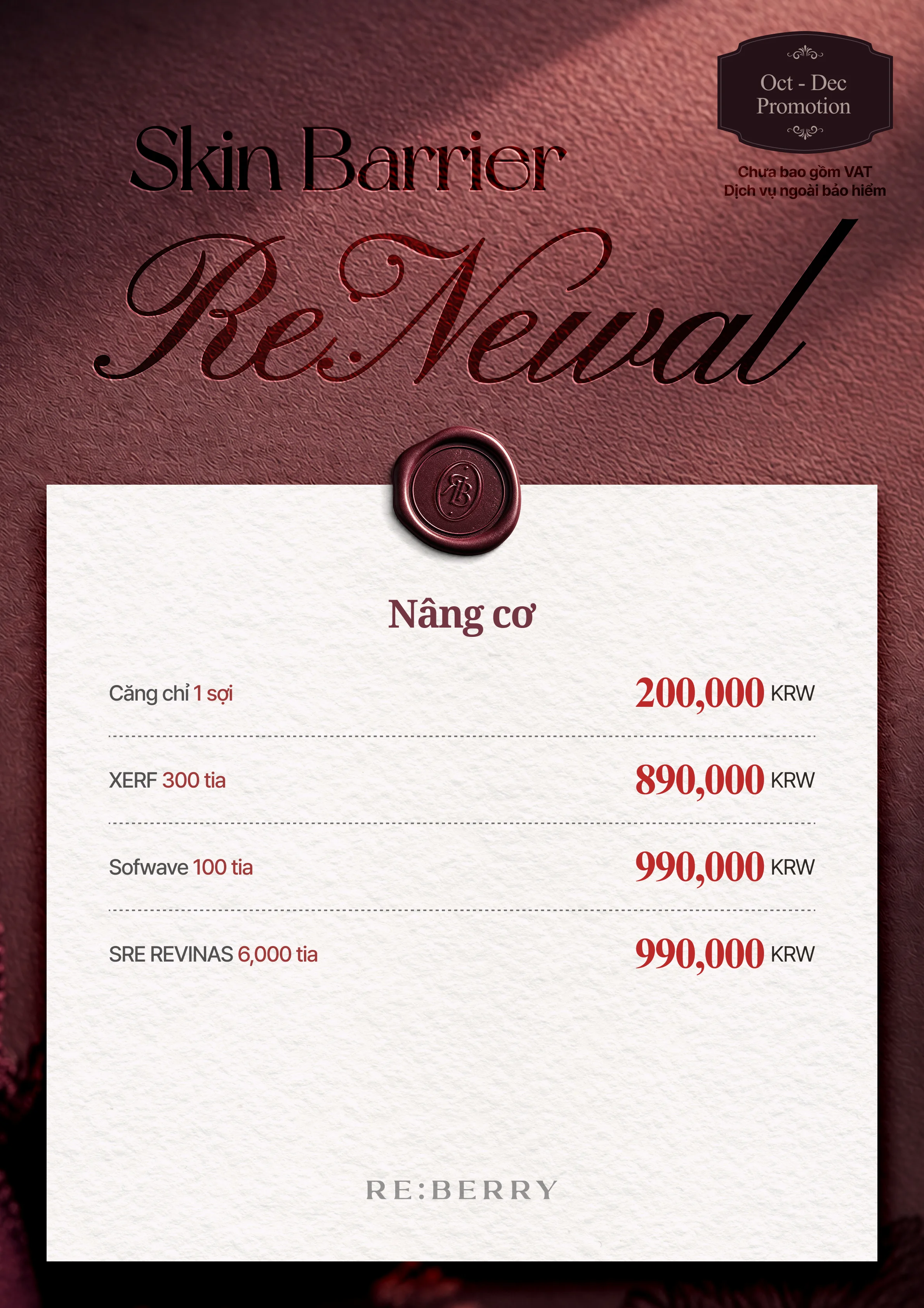 RE:BERRY Gangnam Trang 13 — Nâng cơ: Căng chỉ 1 sợi ₩200,000 · XERF 300 tia ₩890,000 · Sofwave 100 tia ₩990,000 · SRE REVINAS 6,000 tia ₩990,000 · Chưa bao gồm VAT
