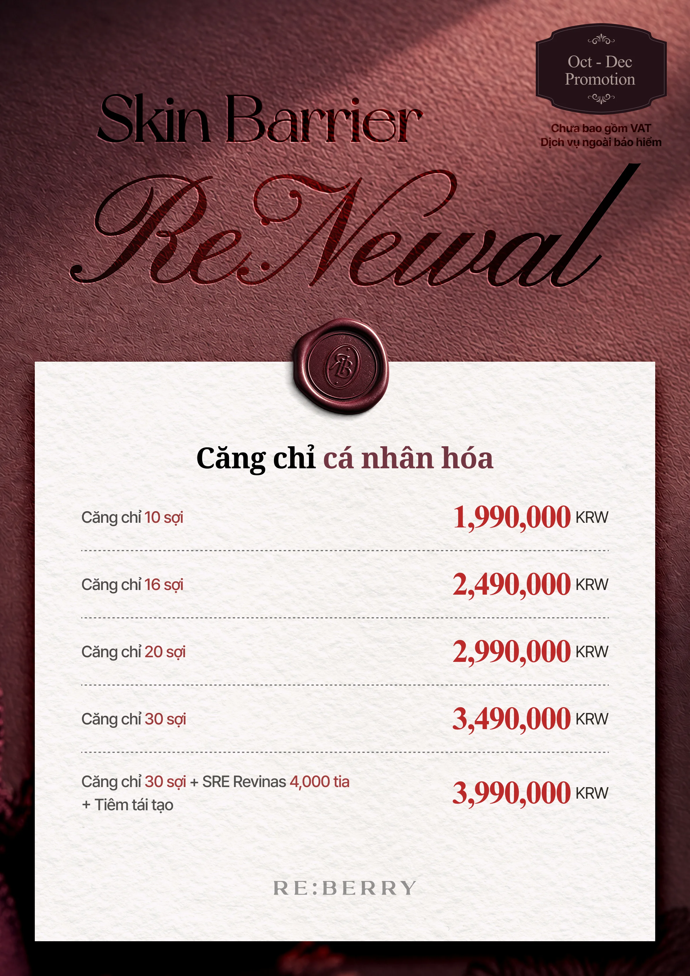 RE:BERRY Gangnam Trang 14 — Căng chỉ cá nhân hóa: Căng chỉ 10 sợi ₩1,990,000 · Căng chỉ 16 sợi ₩2,490,000 · Căng chỉ 20 sợi ₩2,990,000 · Căng chỉ 30 sợi ₩3,490,000 · Căng chỉ 30 sợi + SRE Revinas 4,000 tia + Tiêm tái tạo ₩3,990,000 · Chưa bao gồm VAT